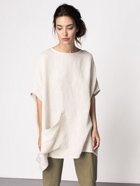 Elizabeth Suzann Harper sz OS short Sleeve TunicTop 100%‎ Linen Beige Lagenlook